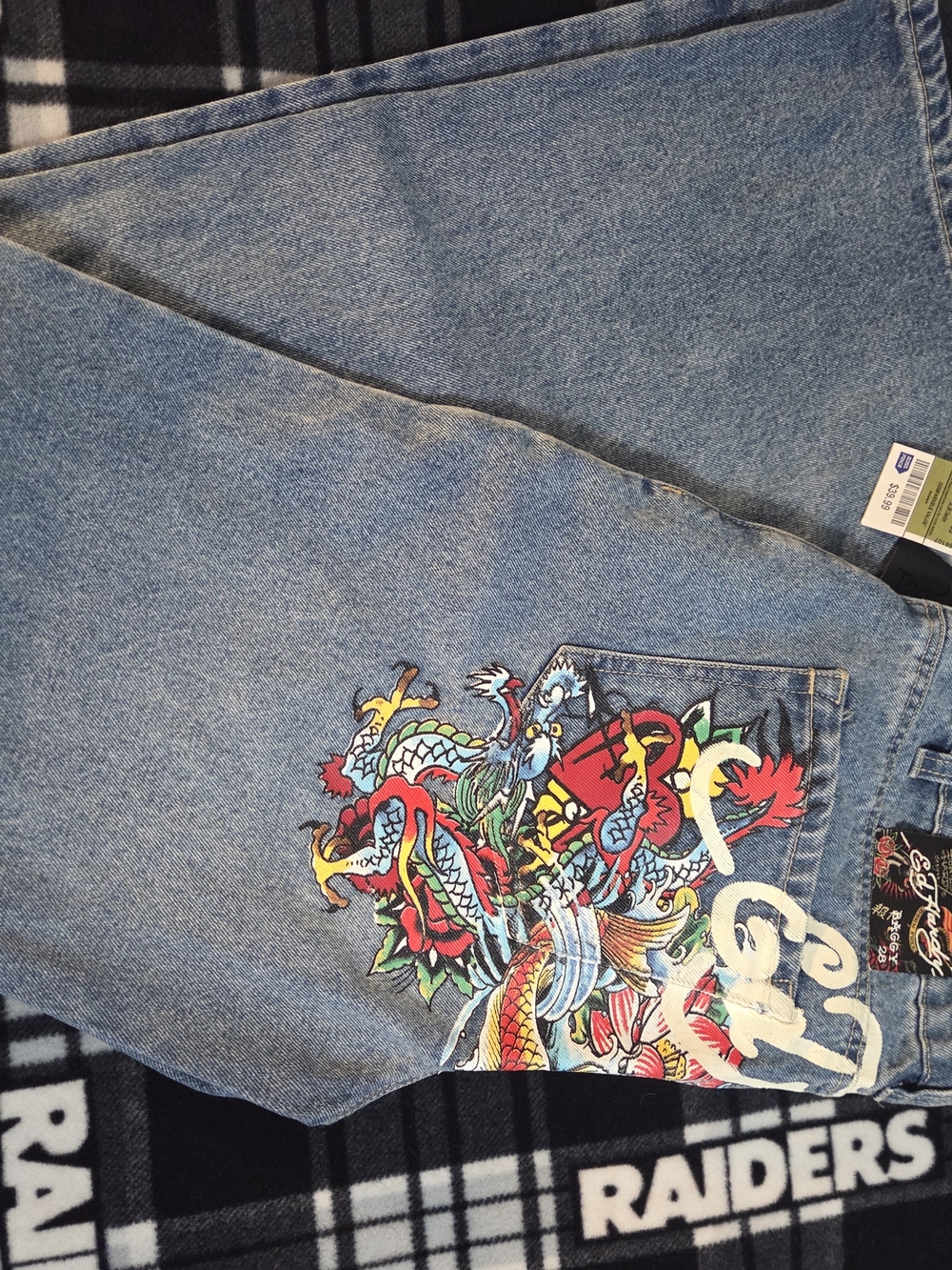 Ed Hardy Light Blue Straight-Leg Jeans with Colorful Embroidered Back - Picture 3 of 7
